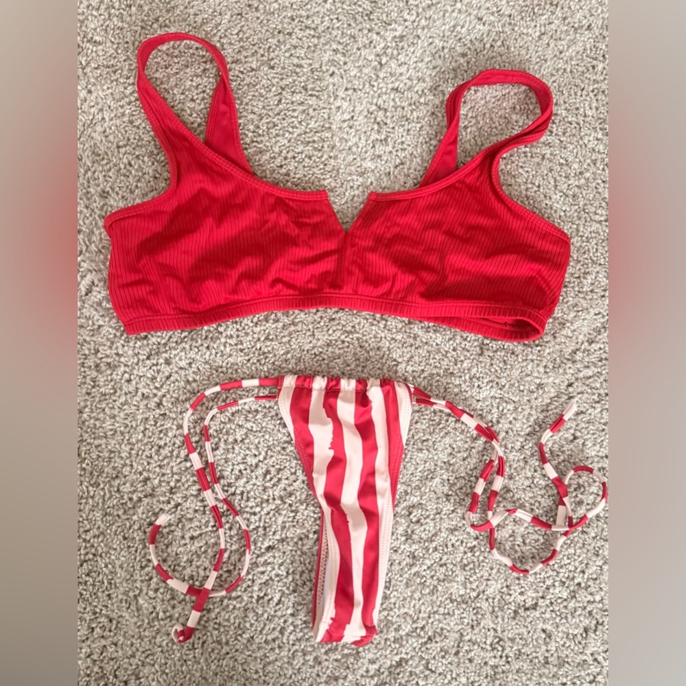LA Hearts Red Halter Bikini Top sz L & SHEIN Striped Bottoms sz M Bathing Suit